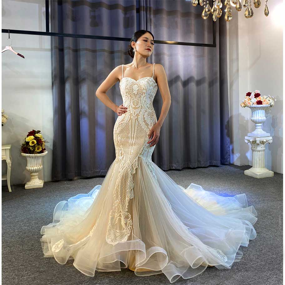 NS3980 Nude Spaghetti Mermaid Affordable Luxury Lace Applique Long Train Mermaid Wedding Dress
