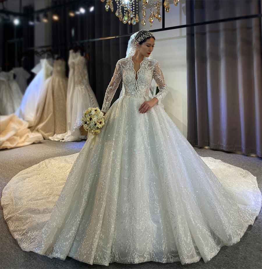 All Pearl Beaded Luxury Couture Ball Gown Wedding Dress Long sleeves lace wedding dress with royal long train