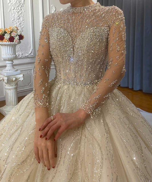 High Quality Bridal dress Elegant High Neckline With Long Sleeves Pearl Crystal Beaded Shiny Wedding Dress