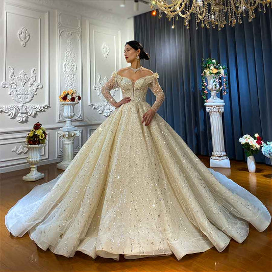 Off The Shoulder Long Sleeves Beading Wedding Dress Applique Beading Royal Train Long Sleeve Wedding Dress