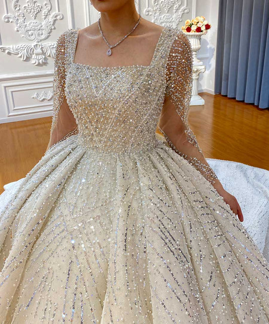 Marino: Full Handbeaded Pearl Luxury Ball Gown Wedding Dress Long Sleeve Crystal Pearl Beaded Royal Train Wedding Dress