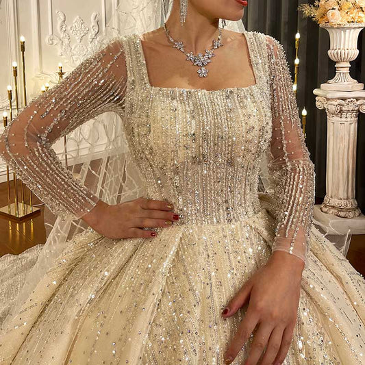 Long sleeve luxury ball gown shiny wedding dress