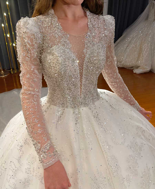 Luxurious Sexy V Neck Crystal Beaded Sequin Wedding Dress Ladies Lace Up Back Long Sleeves Ball Gown Wedding Dress