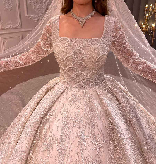 NS4275 Long Sleeve Luxury Pearl Beaded Haute Couture Ball Gown wedding Dress