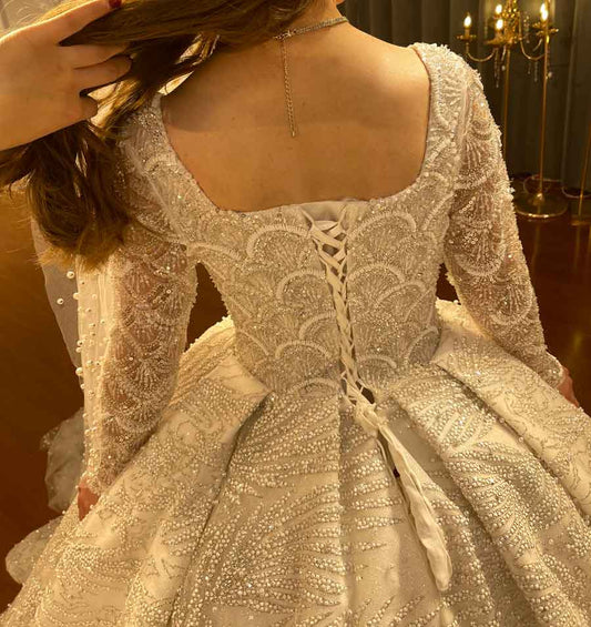 NS4275 Long Sleeve Luxury Pearl Beaded Haute Couture Ball Gown wedding Dress