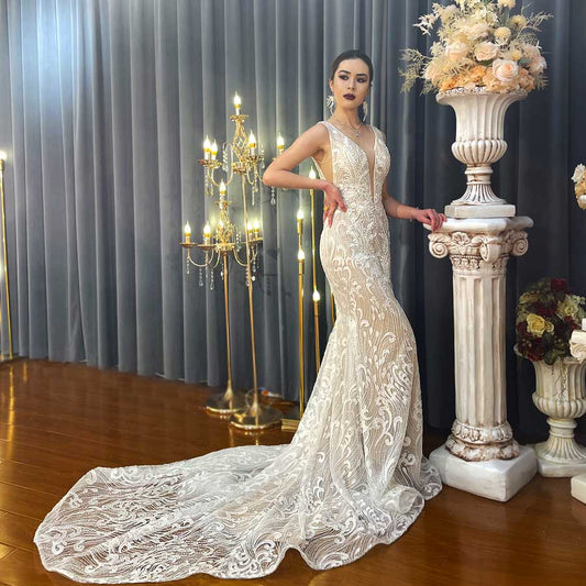 Nude Mermaid Long Train Wedding Dress Luxury Couture Custom Made Wedding Dress