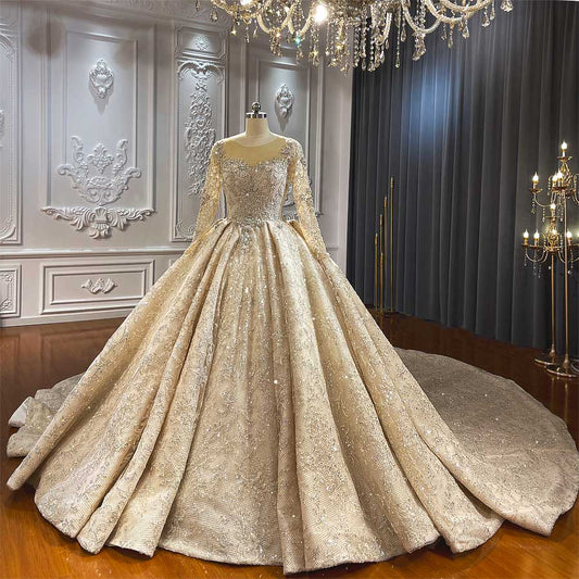 Crystal Beaded Long Sleeve Shiny Glitter Dubai Wedding Dress Luxury Couture Wedding Dress ball gown plus size custom wedding dress