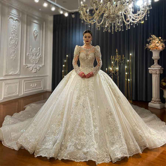 Luxury Crystal Beaded Shiny Glitter Ball Gown Wedding Dress Long Sleeve Royal Train Bespoke Wedding Dress