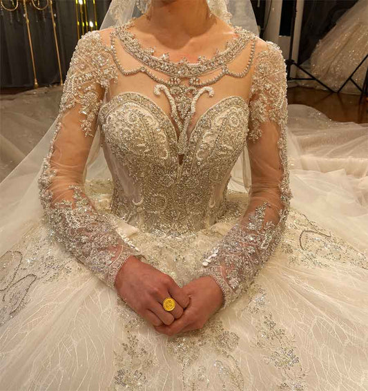 Luxury Crystal Beaded Shiny Glitter Ball Gown Wedding Dress Long Sleeve Royal Train Bespoke Wedding Dress