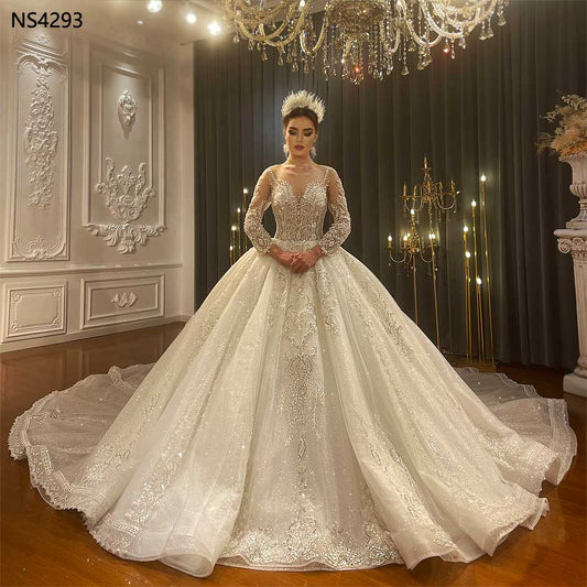 Full Lace Applique Ball Gown Wedding Dress Luxury Haute Couture Long Sleeve Royal Train Wedding Dress