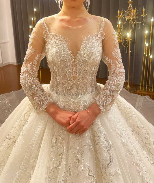 Full Lace Applique Ball Gown Wedding Dress Luxury Haute Couture Long Sleeve Royal Train Wedding Dress