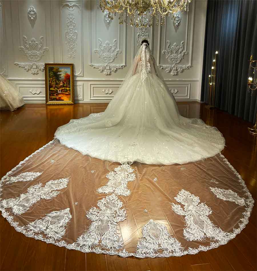 Luxury Long Train Wedding Dress Haute Couture High Neck Ball Gown Shiny Wedding Dress for brides
