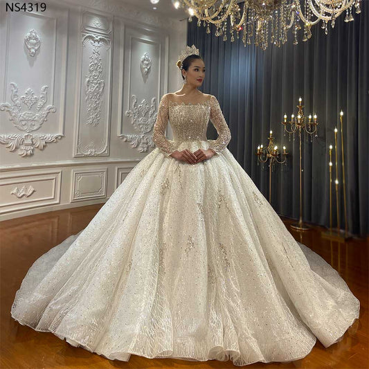 NS4319 Long Sleeve Luxury heavy beading affordable lace gown wedding dress
