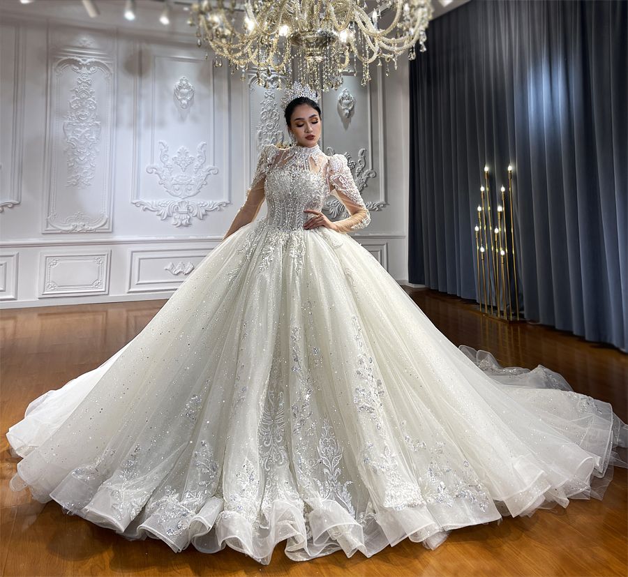 NS4484 Long Sleeves Lace Appliqued Off White Luxury ball gown Wedding Dress