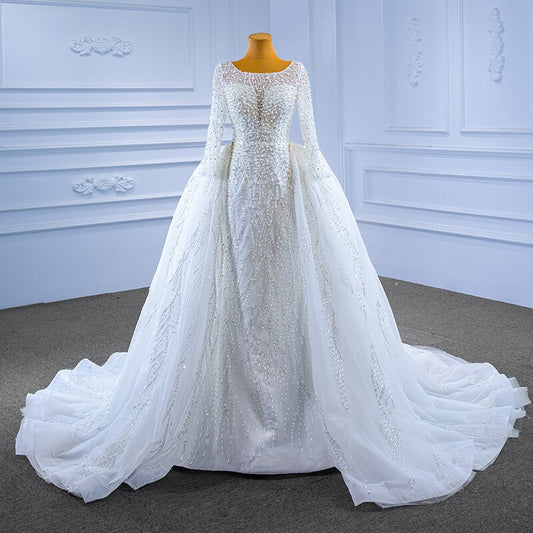 Poppy Beading Wedding Dresses For Women Bride With Removable Train Long Sleeve Crystal Stone RSM67466 Robe De Mariée