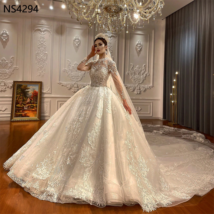 Luxury Long Train Wedding Dress Haute Couture High Neck Ball Gown Shiny Wedding Dress for brides