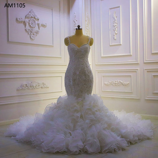 AM1105 Spaghetti Straps Lace Ruffle Mermaid Wedding Gowns