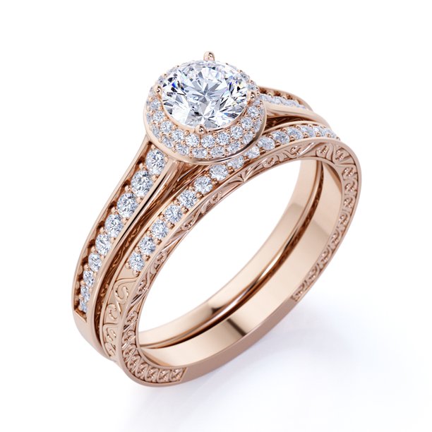 Round Diamond - Channel Set Band - Cluster - Halo Engagement Ring - Bridal Set - 10K Yellow Gold
