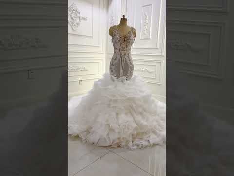AM1394 Luxury Beading Spaghetti Straps New Lace Ruffles Mermaid Wedding Dress