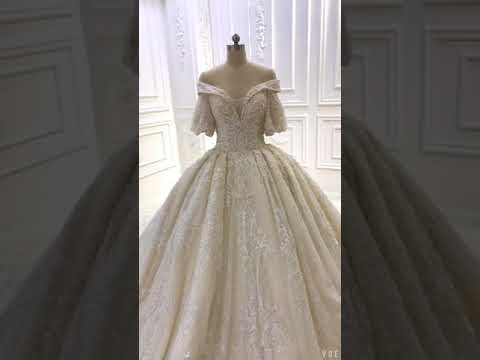 AM198 Off Shoulder Luxury Crystal Champagne Puff Sleeve Wedding Dress