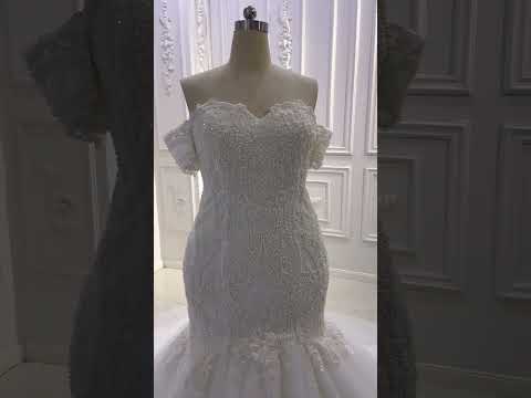 AM242 Off Shoulder Short Sleeves Lace Appliqued Pearls Mermaid Wedding Dress