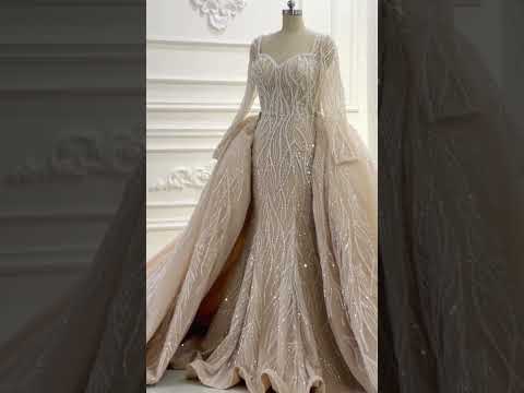 AM1397 Royal Long Sleeve Sweetheart Sequin Lace Champagne 2 in 1 Mermaid Wedding Dress