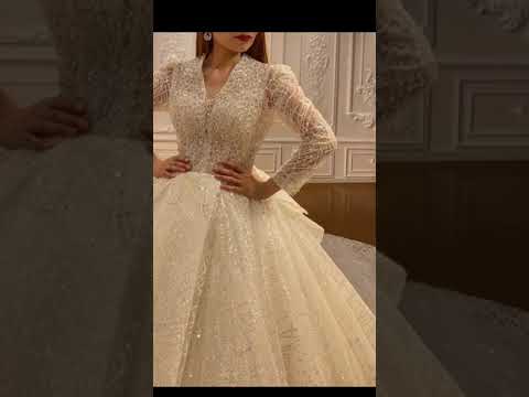 NS4321 Simple V-Neck Long Sleeve Wedding Dress Shiny crystal beaded ball gown bridal dress