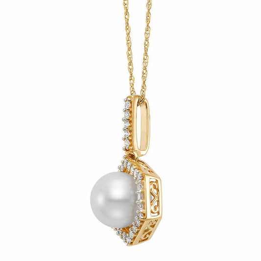 Freshwater Cultured 7.5-8mm Pearl & Diamond 14kt Yellow Gold Pendant