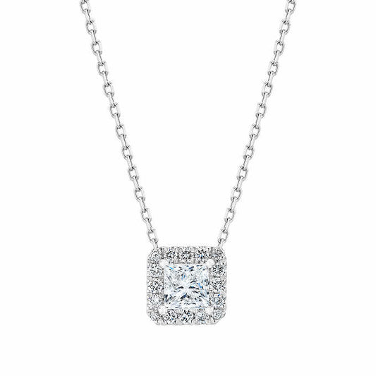 Princess Cut & Round Brilliant 0.63 ctw VS2 Clarity, I Color Diamond 14kt White Gold Halo Diamond Necklace