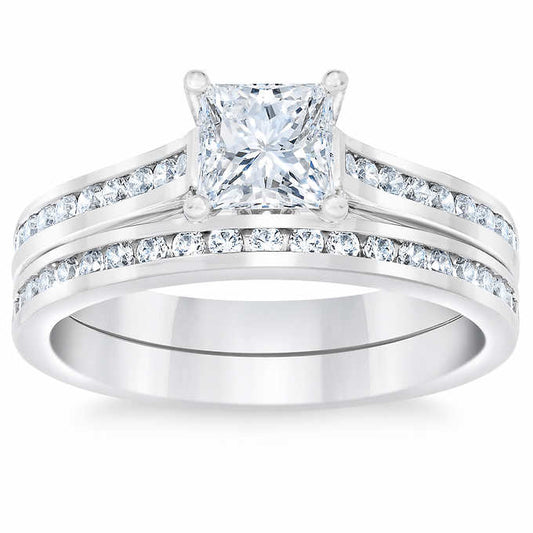 Princess Cut & Round Brilliant 1.25 ctw VS2 Clarity, I Color Diamond Platinum Wedding Ring Set