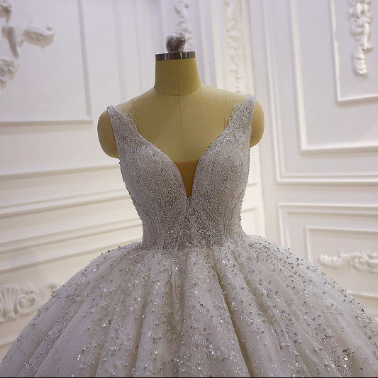 AM954 Cap Sleeve Lace Pearls Puffy Ball Gown Wedding dress