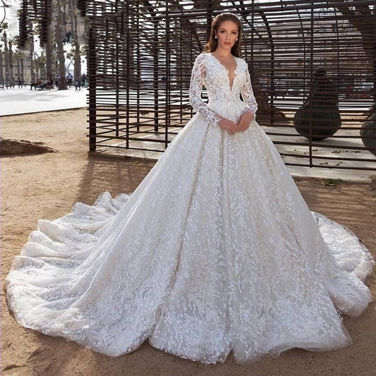 Long Sleeve Wedding Dress Luxury Beaded Appliques Lace Princess V-Neck A-Line Bridal Gown Vestidos De Novia