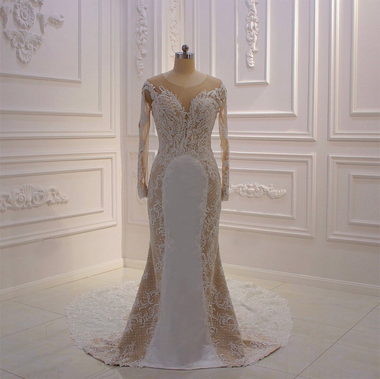 AM449 Long Sleeve Lace Appliqued See Through Back Wedding Dress