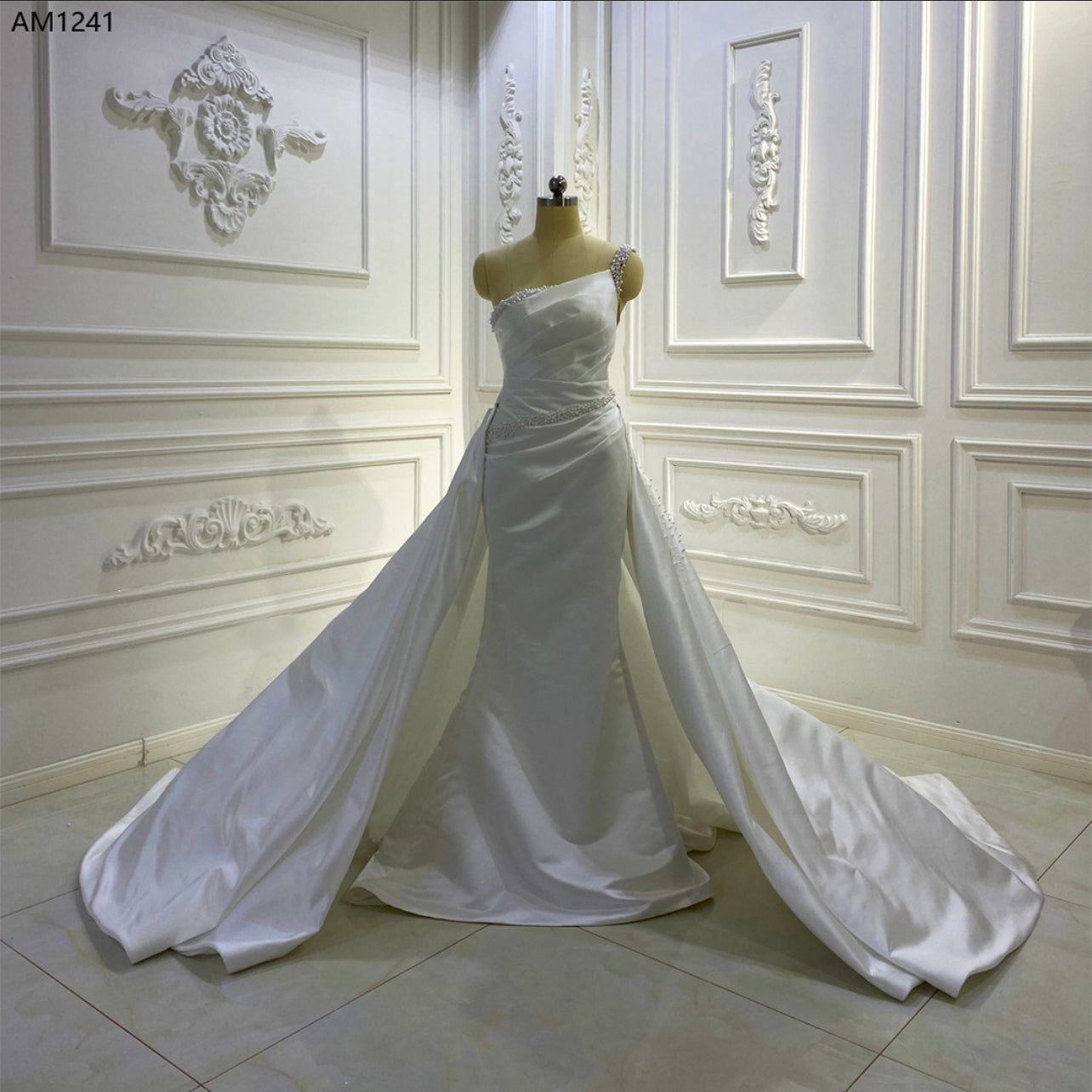 AM1241 One Shoulder Detachable Train luxury satin Wedding Dress