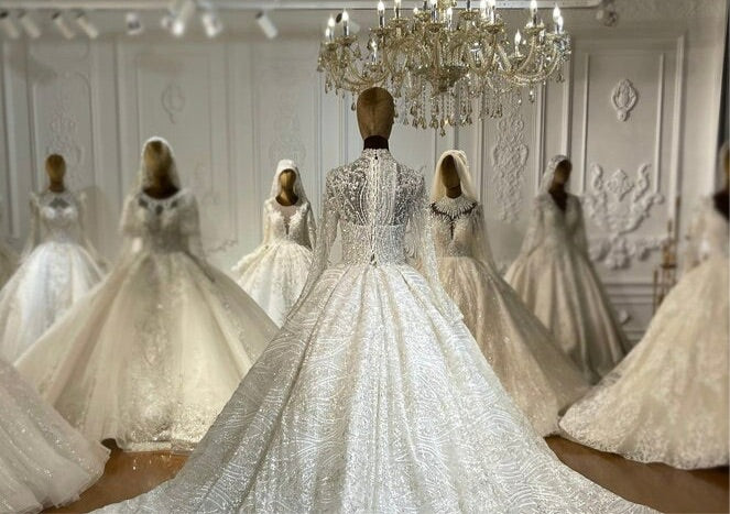 NS4231 High Neckline Lace Shiny pearl luxury royal train ball gown Wedding Dress