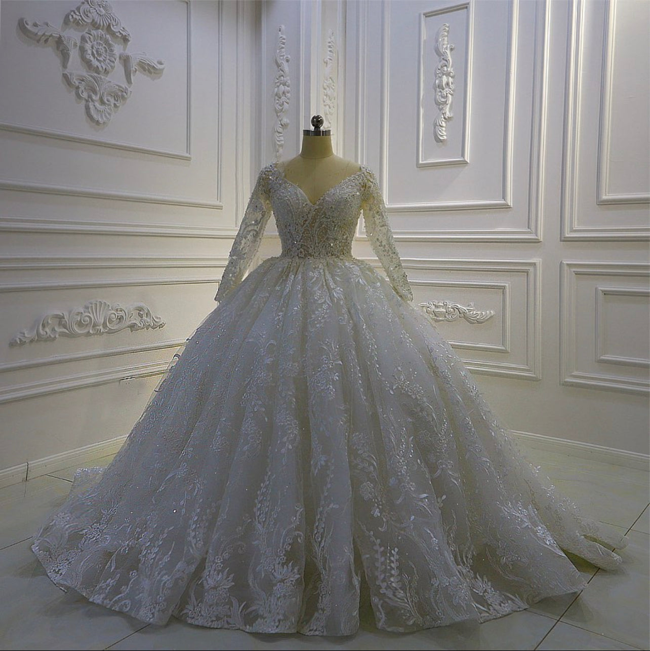 AM421 Long Sleeve V-Neck See Through Lace Wedding Dress