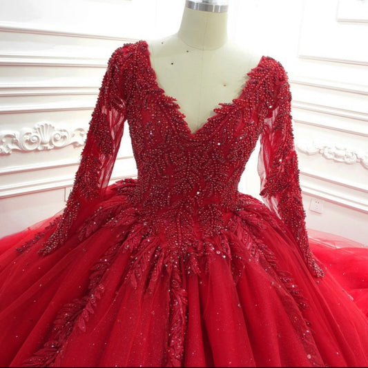 AM098 Off Shoulder Short Sleeve Lace Applique Red Wedding Dress