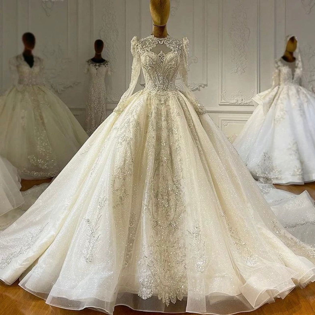 NS4213 Long sleeve shimmery luxury ball gown long royal train sweetheart wedding dress