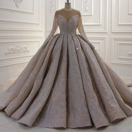 AM581 Long Sleeve Luxury Rhinestone Crystal Royal Wedding Dress