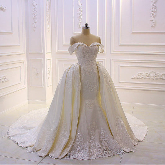 AM203 Off Shoulder Lace Applique Detachable Skirt Wedding Dress