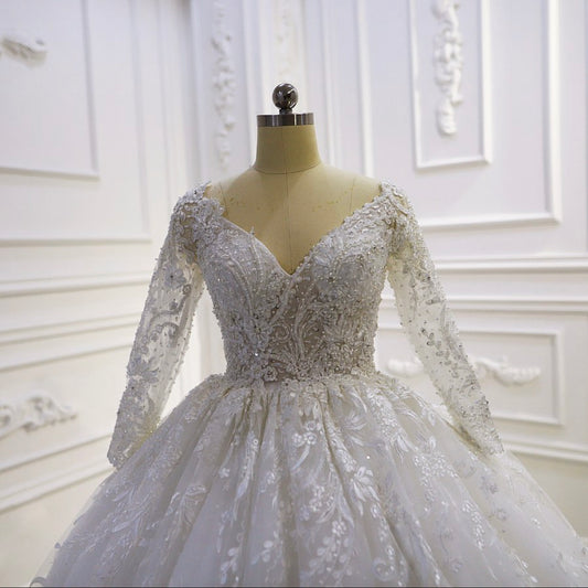 AM421 Long Sleeve V-Neck See Through Lace Wedding Dress