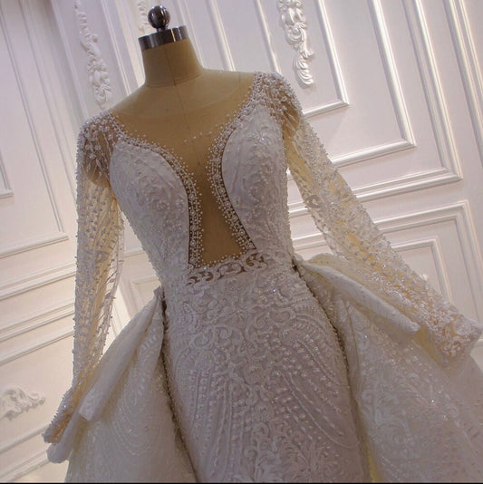 AM390 Long Sleeve Lace Detachable Train African Wedding Dress