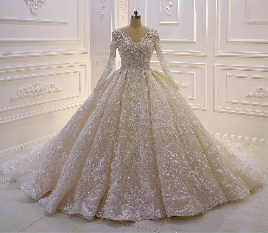 AM239 Custom Made Bridal Dress High Quality Long Sleeves Lace Crystal Wedding Dress Luxury