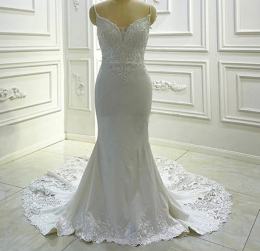 AM1077 Beach Casual Spaghetti Straps Lace Appliqued Simple Wedding Dress