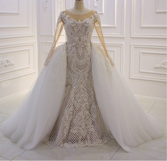 AM179 Long Sleeve Mermaid Lace Wedding Dress with Detachable Skirt