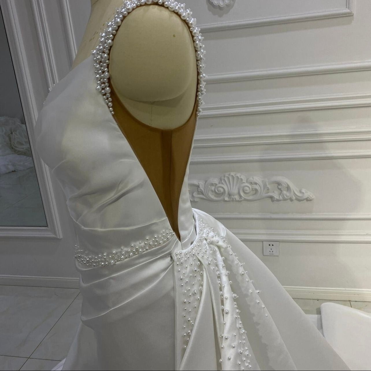 AM1241 One Shoulder Detachable Train luxury satin Wedding Dress
