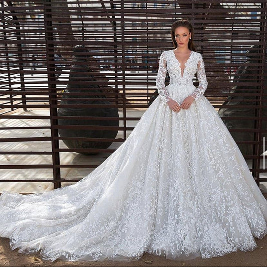 Long Sleeve Wedding Dress Luxury Beaded Appliques Lace Princess V-Neck A-Line Bridal Gown Vestidos De Novia