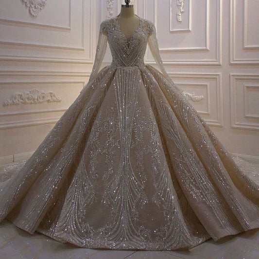 AM578 Long Sleeve Glitter Material Open Back Wedding Dress