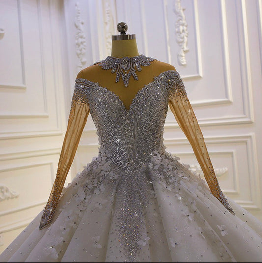 AM822 Long Sleeve Crystal Rhinestone Luxury Ball Gown Wedding Dress