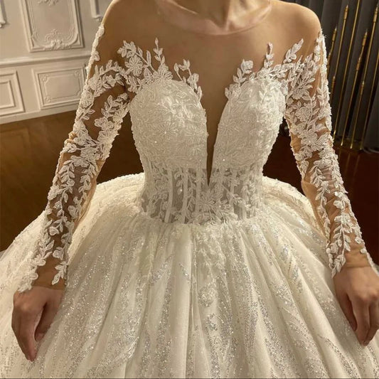 AM1075 illusion Ball Gown Glitter Sparkle Low V neck Luxury Affordable Wedding Dress Lace Applique